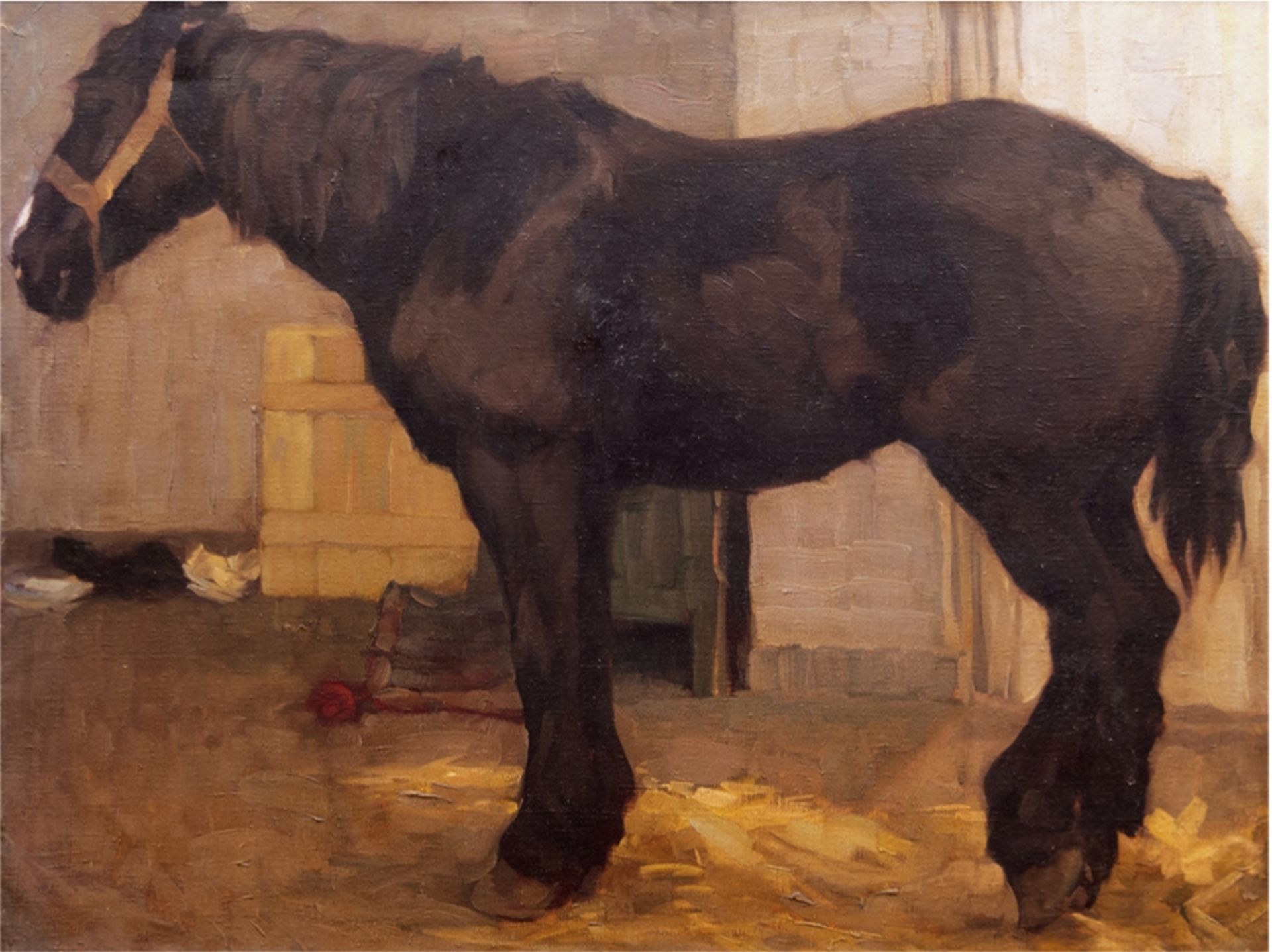 Wolf, Georg (1882 Düsseldorf- 1962 Uelzen) "Stehendes Pferd im Stall", Öl/Lw., rückseitig Nachlaßst