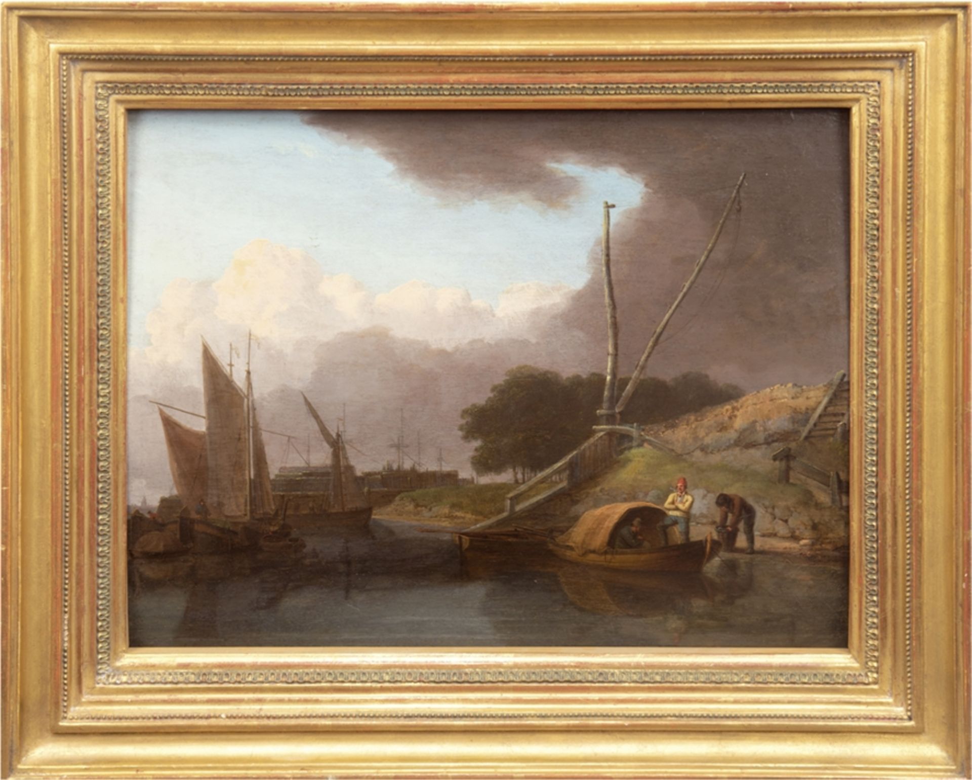 Englischer Maler (Ende 17. Jh./Anf. 18. Jh.) "Fischerboot am Ufer", Öl/Holz, unsign., 31x40 cm, Rah