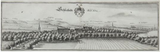"Schlisstedt - Adelsitz", Kupferstich, 19. Jh., Wappen und Titel m.o., Mittelbug, 11,5x35 cm, hinte