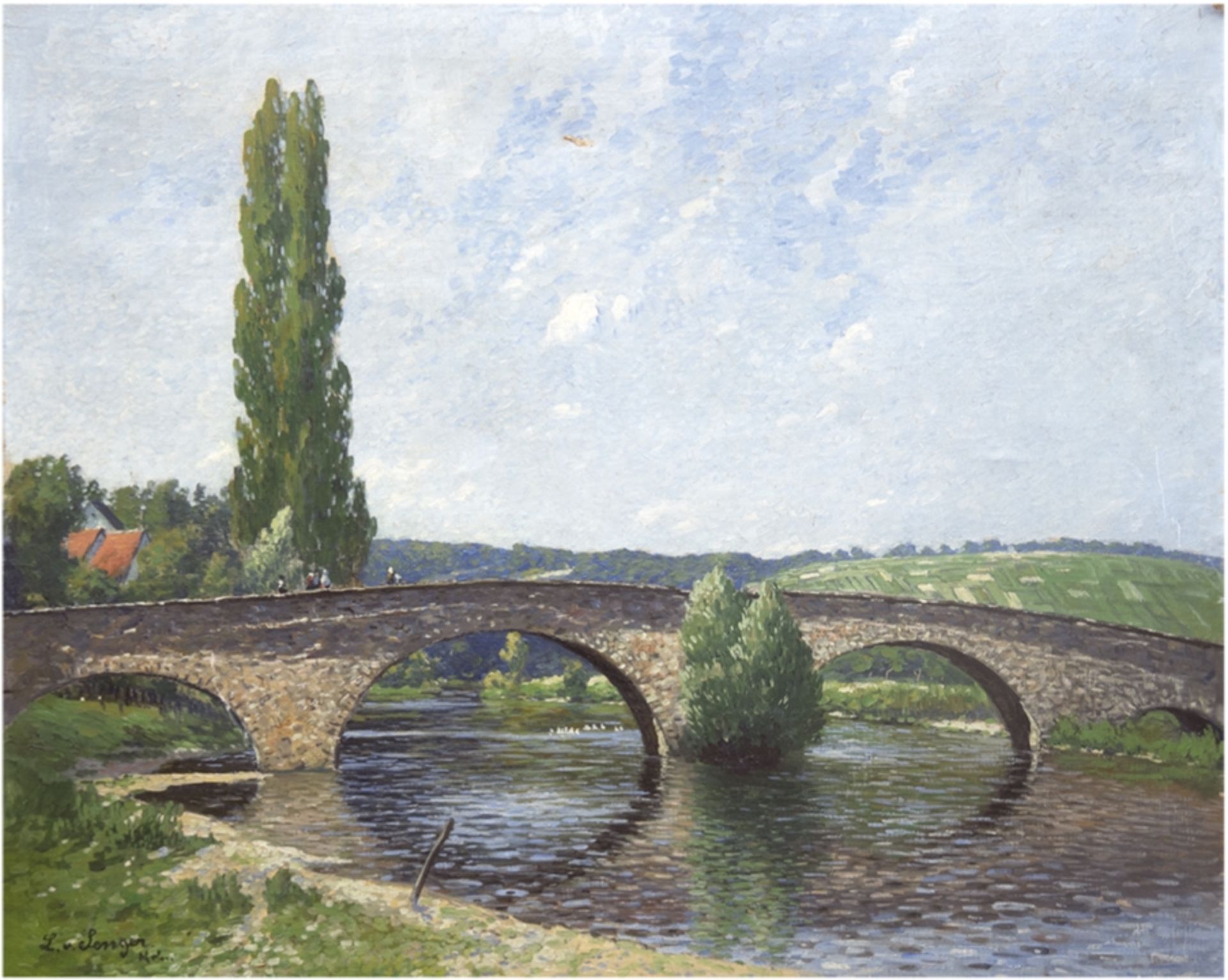 Senger, Ludwig von (1873-1937) "Fußgängerbrücke über dem Fluß", Öl/Lw., sign. u.l., kl. Loch am Him