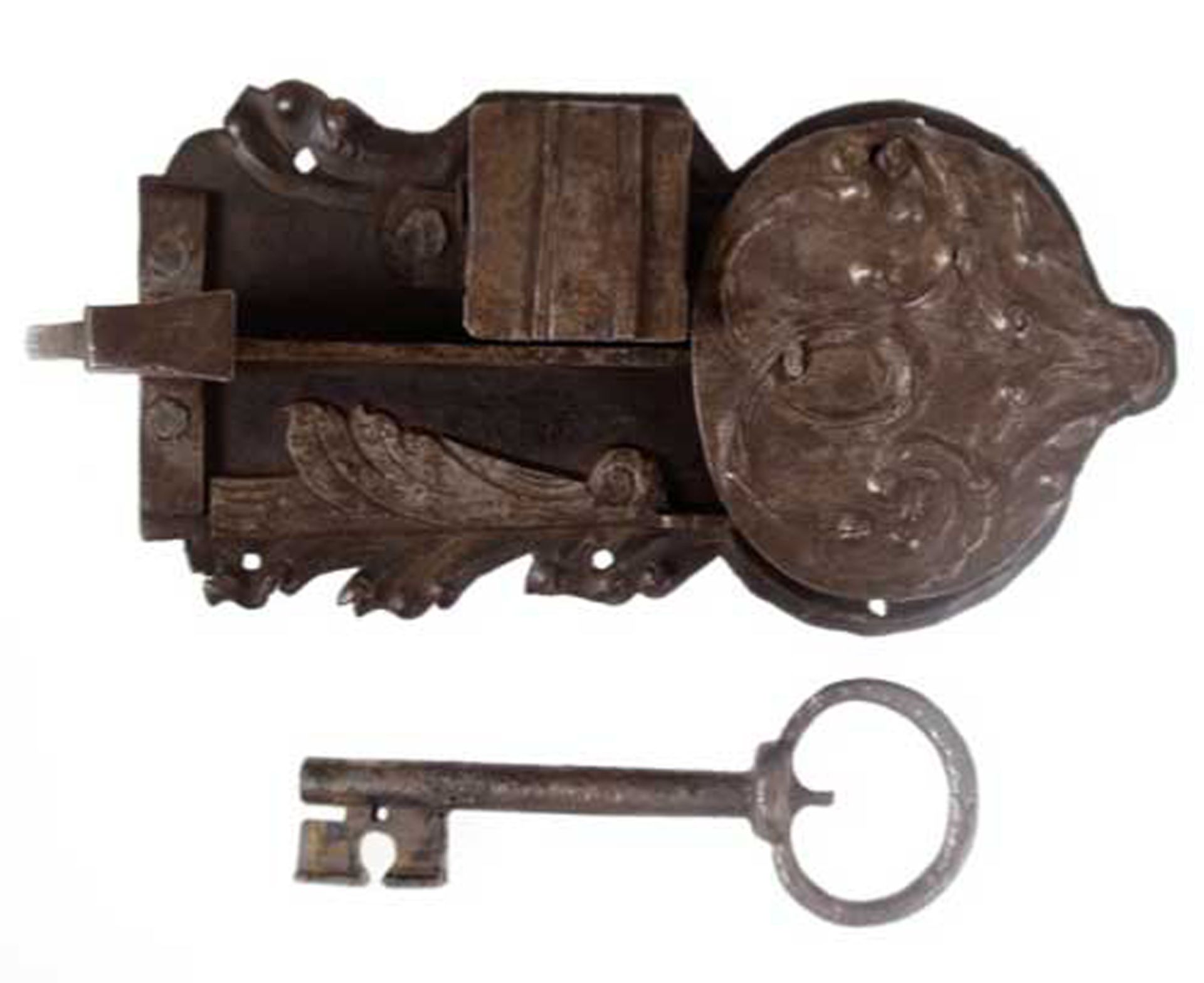 Kleines Barock-Schloss mit Original-Schlüssel, Eisen, rostig, Gebrauchspuren, Gesamtlänge: 22 cm, L
