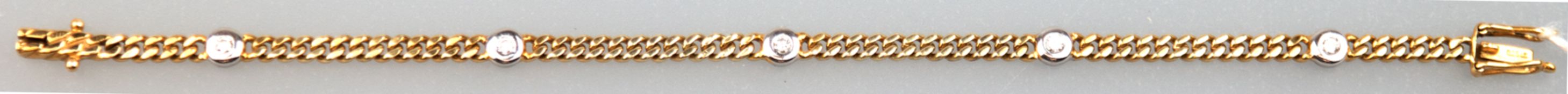 Armband, 585er GG/WG, zus. 9,31 g, besetzt mit 5 Brillanten von zus. ca. 0,15 ct., Panzerkette, Ste