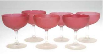 6 Champagner-Schalen, mundgeblasen, rote Kuppa, H. 10,5 cm