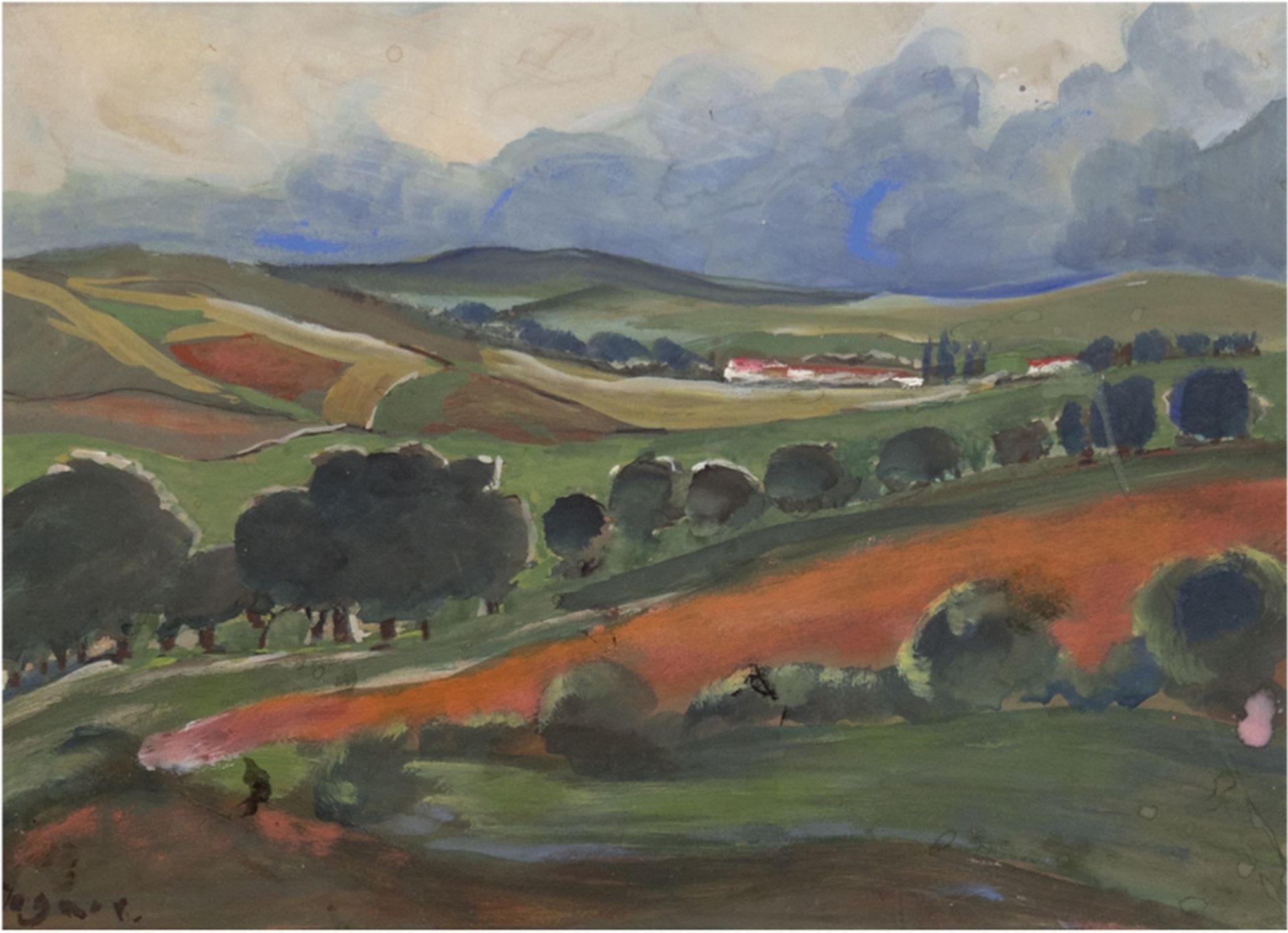 Degner, Arthur (1887 Gumbinnen-1972 Berlin) "Landschaft im aufziehendem Gewitter", Mischtechnik, si