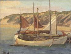Sandholt, Anna Marie (1872-1942) "Boote am Steg", Öl/Lw./SH, monogr. u.l., rücks. Aufkleber mit Kün