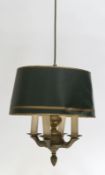 Deckenlampe, England, Messing, 4-flammig, grüner Pappschirm, Gebrauchspuren, H. ca. 35 cm, Dm. ca. 