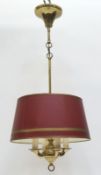 Deckenlampe, England, Messing, 4-flammig, roter Pappschirm, Gebrauchspuren, H. ca. 74 cm, Dm. ca. 3