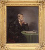 Porträtmaler des 19. Jh. "Herr in Gedanken am Schreibtisch sitzend", Öl/Lw., unsign., 27,5x23,5 cm,