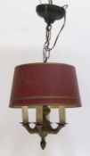 Deckenlampe, England, Messing, 4-flammig, roter Pappschirm, Gebrauchspuren, H. ca. 38 cm, Dm. 30 cm