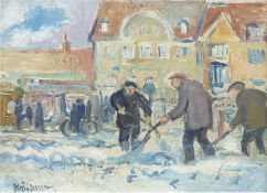 Husum, Kai (1931-2007, Dänischer Maler) "Winter in der Stadt", Öl/Lw., sign. u.l., 32x42 cm, Rahmen