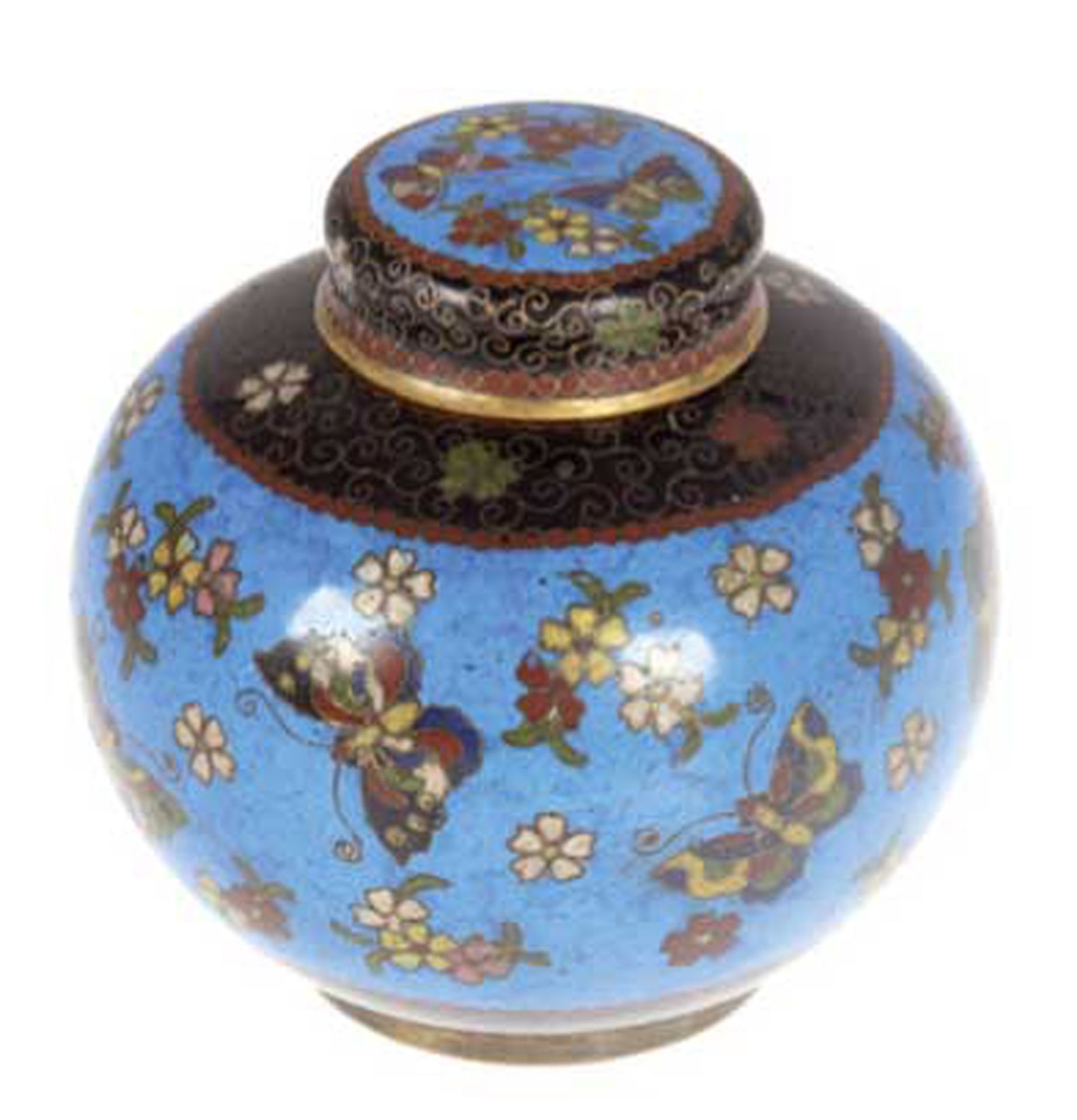 Cloisonné-Teedose, China, Quing Dynastie, Cloisonné, Floral- und Schmetterlingsdekor auf blauem Gru