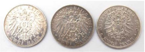 3x 2 M DR, dabei Friedrich Wilhelm II, 1901, Reuss, 1901 A, und Bayern 1876 D