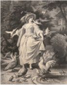 Kaulbach, W. v. "Mädchen beim Tauben füttern", in der Platte sign. und datiert 1862, Druck A. Schul