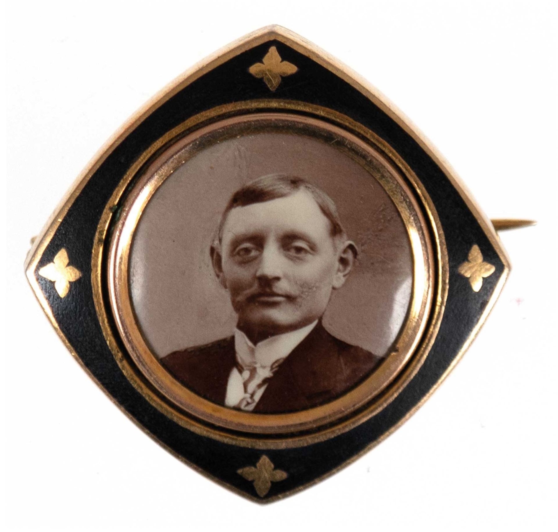 Jugendstil-Fotobrosche um 1900, Golddouble, schwarzer Rahmen