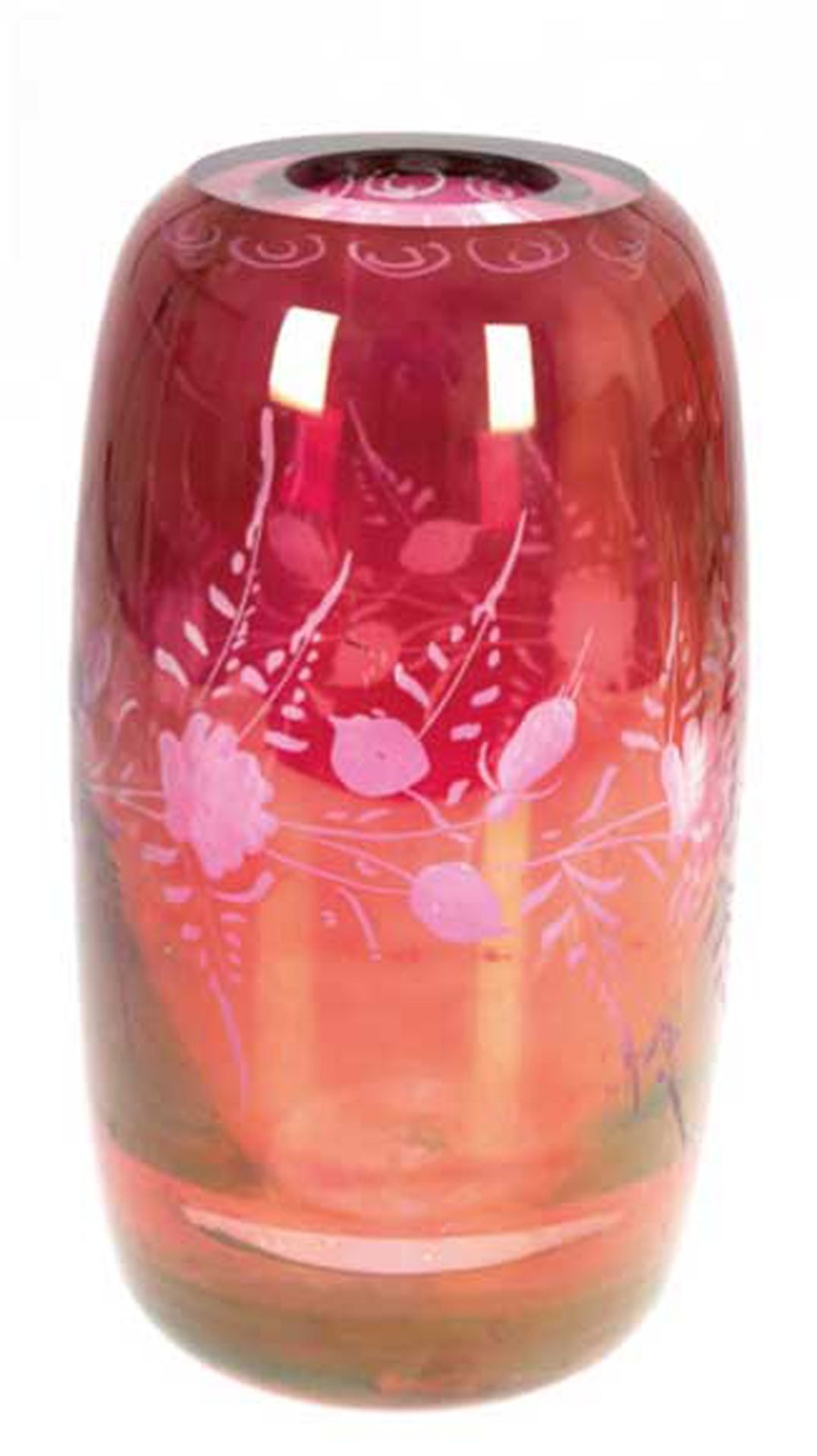Glasvase, Böhmen, mit floralem Schliff und rotem Überfang, Gebrauchspuren, H. 26,5 cm