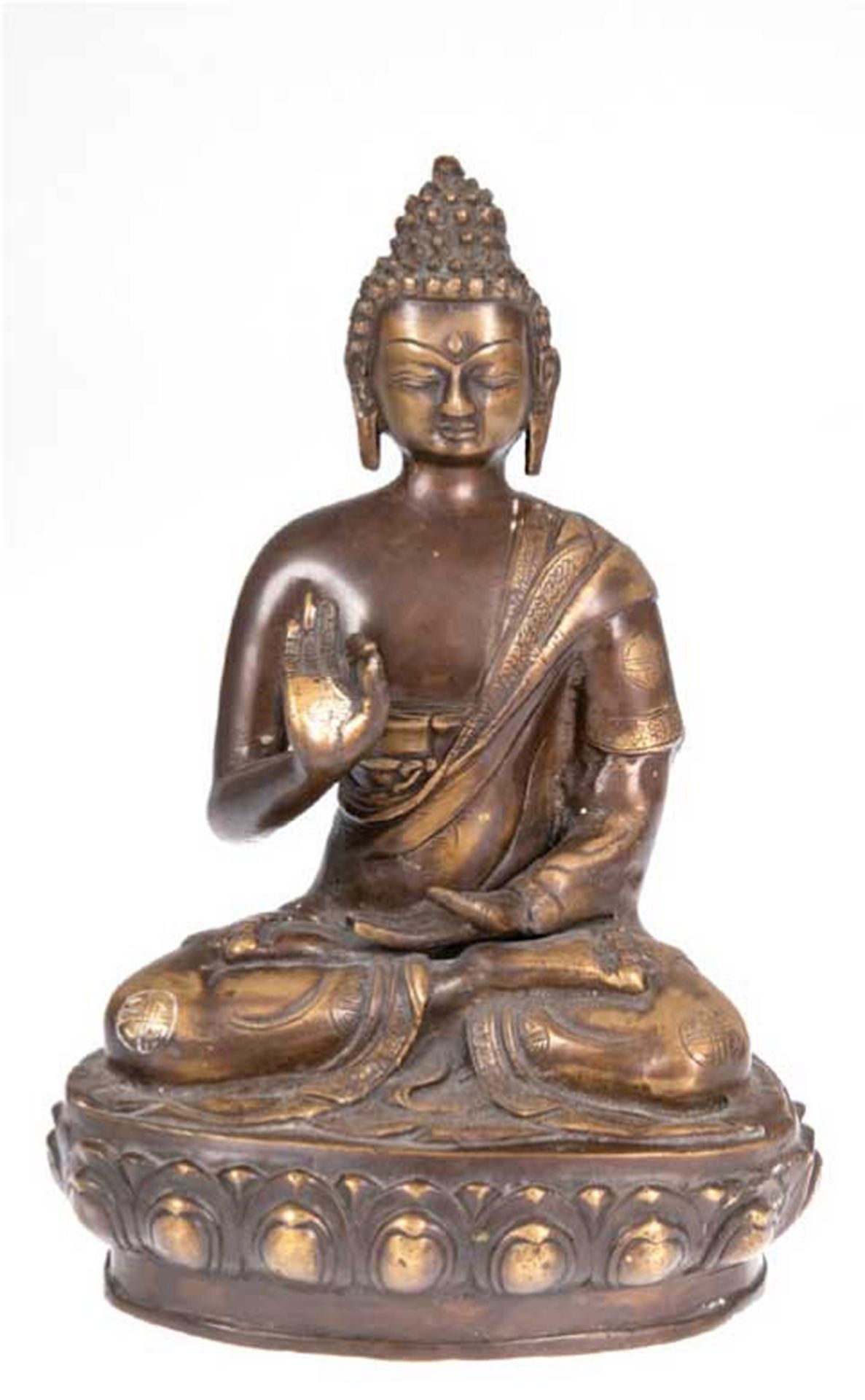 Buddha-Figur "Buddha mit Argumentationsgeste auf Lotosthron sitzend" Nepal, Bronze, 19. Jh., H. 31,