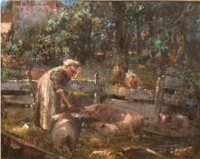 Impressionist um 1900 "Fütterung der Schweine", Öl/Mp., undeutlich sign. mit Ortsbez. "Mchn". u.l.,