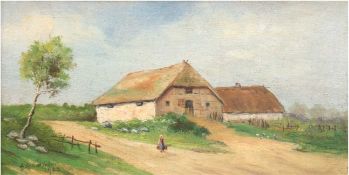 Schmieder, L. "Bäuerin vor altem Hof im Grünen", Öl/Lw/SH, signiert und datiert 1923 u.r., 14x26 cm