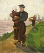 Schröder, W. "Holländischer Vater mit Kind auf dem Arm am Wasser", Öl/Lw., sign. u.r., kl. Farbabpl