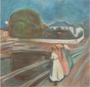 Monogrammist E.M."Drei Frauen auf der Brücke", Kopie nach Edvard Munch, Pastell, undeutlich sign. u