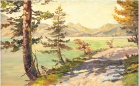 Manulenko "Sommer am See", Öl/Lw., sign. u.r., verso dat. u. bez. "Krim, 1940/44", 31x41 cm, Rahmen
