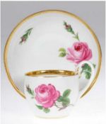 Meissen-Tasse mit UT, Schwanenhenkel, Rote Rose, Goldrand, Untertasse 19. Jh. und 1. Wahl