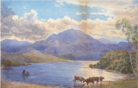 "Englische Landschaft mit Kühen am Wasser", Aquarell, unsign., 25,5x34,5 cm, im Passepartout hinter