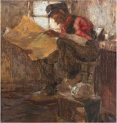 Leysing, Piet (1885-1933) "Zeitung lesender Mann in bäuerlicher Küche", Öl/Lw., signiert o.r., dunk