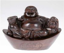 "Buddha", Räucherfigur, Holz geschnitzt, innen hohl, auf schiffchenförmigem passigem Sockel, Ges.-H