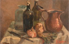 Coceani, Antonio (1894-1983) "Küchenstilleben mit Flaschen, Krug und Zwiebeln", Öl/MK, signiert u.r