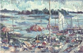 Siesser, Helmut (1926-1995) "Blick auf die Terrasse des Schulauer Fährhauses und die Elbe", Öl/ Mp.