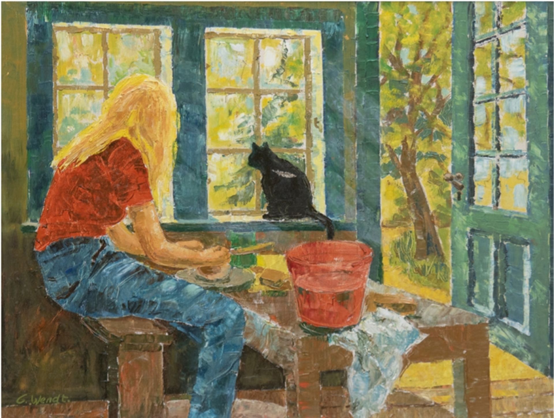 Wendt, G. "Junge Frau mit Katze am Fenster", Öl/Lw., kl. Loch in der Lw., sign. u.l., 40x51 cm, Rah