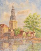 Maler des 20. Jh. "Kirche am Ufer", Aquarell, unleserl. signiert u.r.,38x28 cm, hinter Glas im Rahm