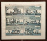 "Englische Segelschiffe", Grafik, leicht fleckig, 61x69 cm, hinter Glas und Rahmen