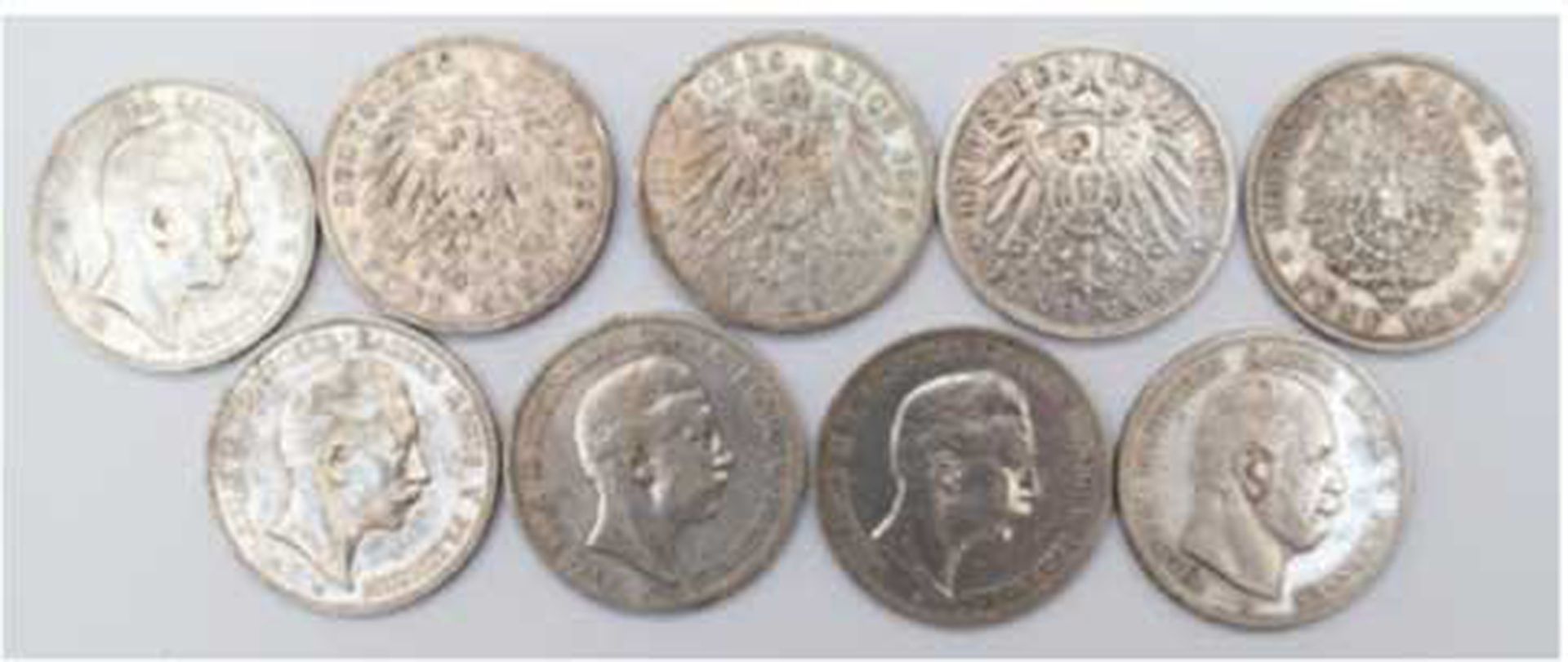 Konvolut Münzen, Deutsches Reich, 9x 5 M, Preussen, 1876, 1895, 1900, 1902, 1904 und 1907