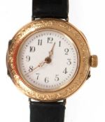 Armbanduhr, umgearbeitete Damentaschenuhr, 585er GG-Gehäuse, fein ziseliert, goldfarbene Zeiger, ga