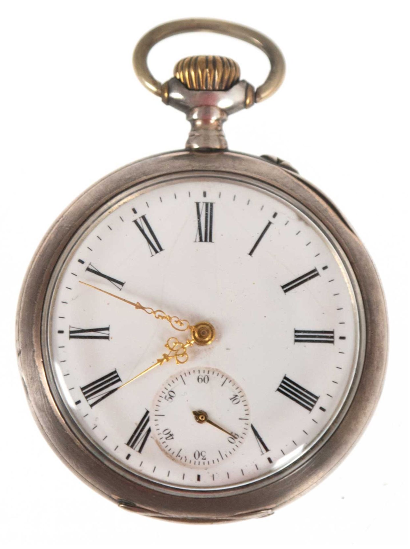 Taschenuhr, um 1900, 800er Silber, Emaillezifferblatt mit römischen Zahlen (am Rand best.) und deze