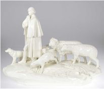 Große Keramikfigur "Schäfer mit seiner Herde und Hund", sign. H. Schubert, 37x50x22 cm