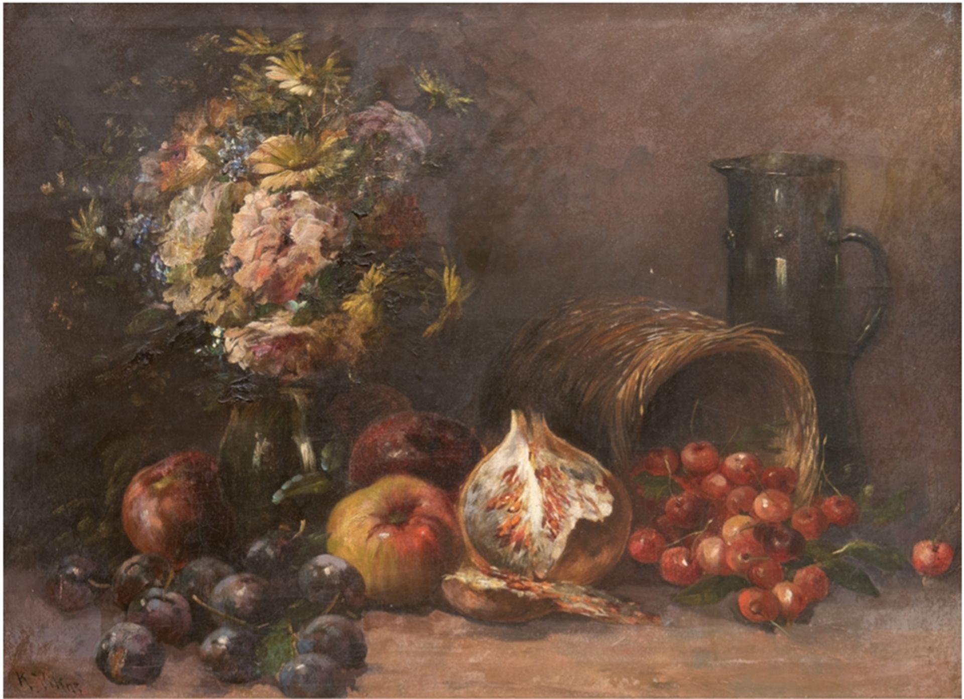 Vikas, Karl (1875 Ternitz/ Österreich-1934 Krems an der Donau) "Stilleben mit Blumenstrauß, Früchte
