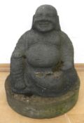 Gartendeko "Buddha", Tuffstein, geleimt auf einen alten Schleifstein, H. 37 cm, Dm. 33 cm
