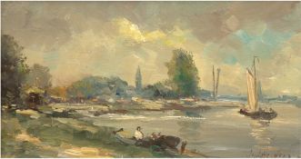 Heyden, J. von der (Holländischer Maler um 1950) "Uferlandschaft mit Segelboot", Öl/Holzpaneel, sig