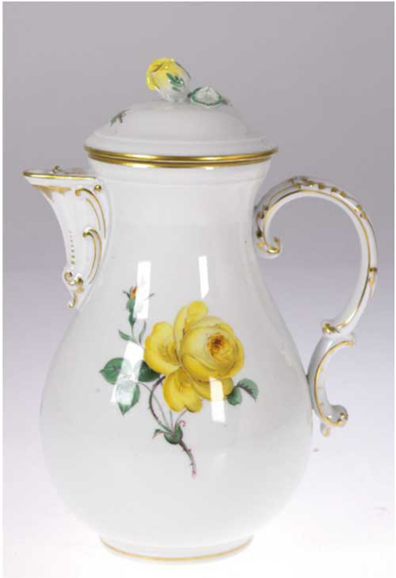 Meissen-Kaffeekanne, Gelbe Rose, Neuer Ausschnitt, Deckelblüte best., 2. Wahl, Ges.-H. 26 cm