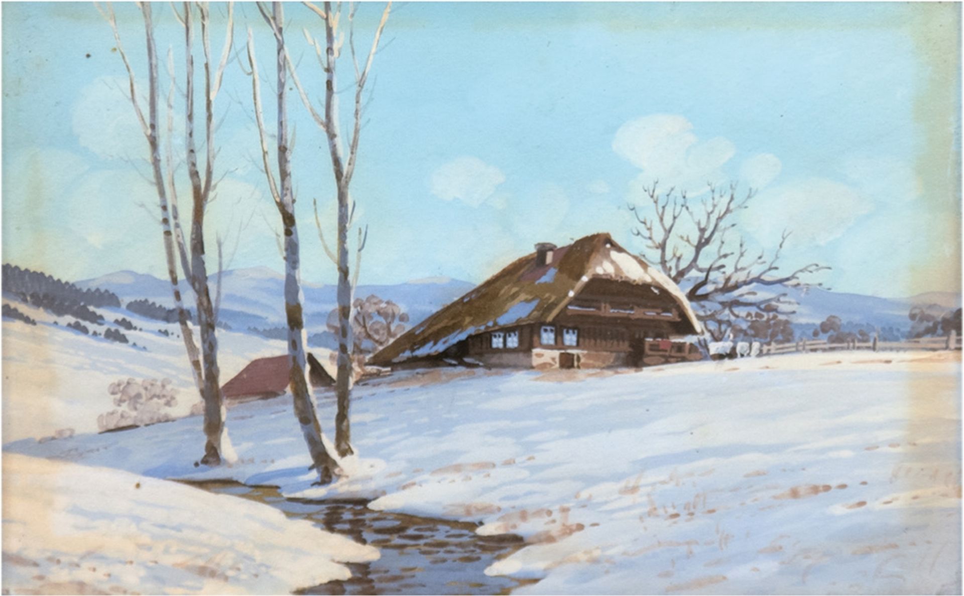 Nessel, Kurt (1880-1914) "Winterliche Landschaft mit Gehöft", Gouache, unsign. rückseitig von fremd