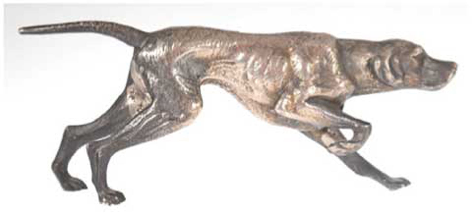 Skulptur "Vorsteherhund", Metallguß, silberfarbene Fassung mit Fehlstellen, 9x22x4 cm