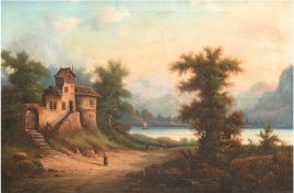 Romantiker (19. Jh.) "Gebirgssee mit kleiner Burg am See", Öl/Lw., unsign., 43x60 cm, Rahmen