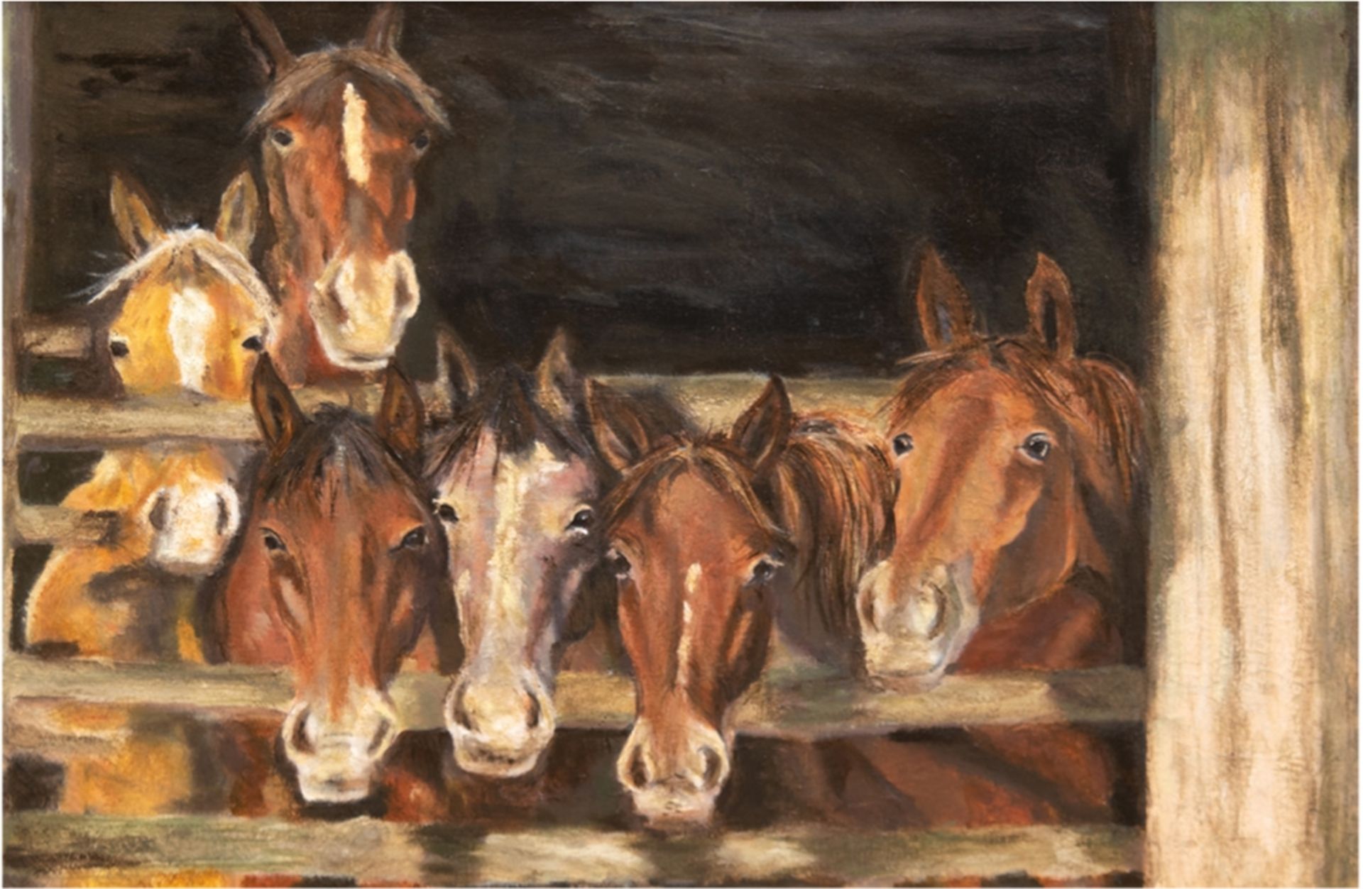 Tiermaler des 19. Jh. "Pferd aus dem Stall schauen", Öl/Lw., unsign., 1 Hinterlegung, 64x90 cm, Rah