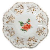 Meissen-Prunkteller, 1924-1934, Bunte Blume 1, 1. Wahl, Fahne mit gold staffiertem Reliefdekor aus 