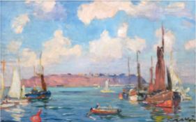 Maler des 20. Jh. "Boote vor Helgoland im Sommer", Öl/Mp., undeutl. sign u.r., 29x45 cm, Rahmen