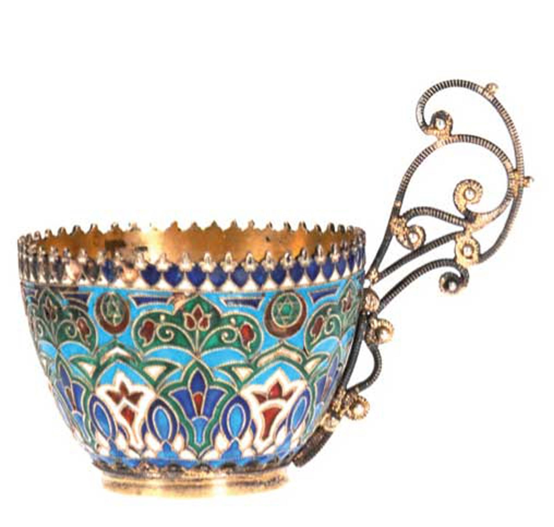 Orientalische Tasse, um 1920, Silber, punziert, 31 g, vergoldet und polychrom emailliert, H. 3 cm (