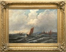 Marinemaler "Boote vor schützendem Hafen", Öl/Lw., unsign., 1 kl. Hinterlegung, 41x57,5 cm, Rahmen